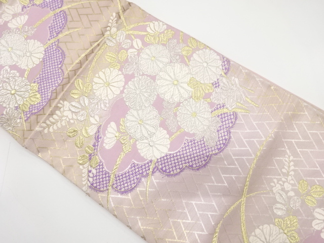 アンティーク　桧垣に雲取り・草花模様織り出し袋帯（材料）